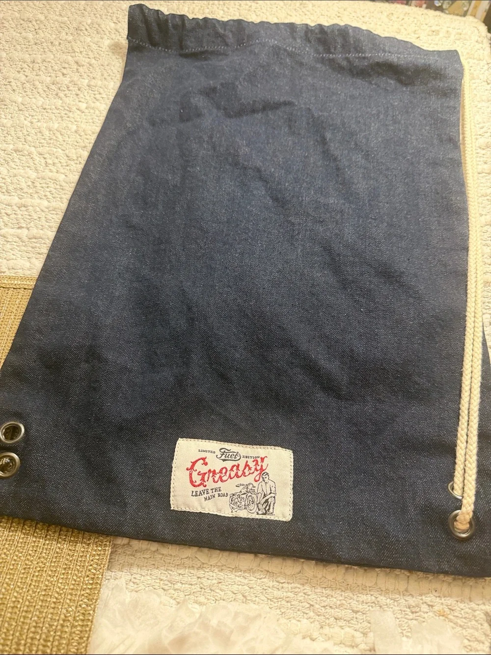 Fuel Greasy Limited Edition Denim Drawstring Bag Motorcycle Biker Indigo